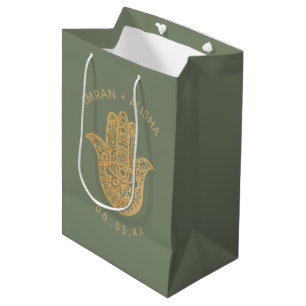 Sac Cadeau Moyen Mariage indien Gold Sage Green hamsa Henné
