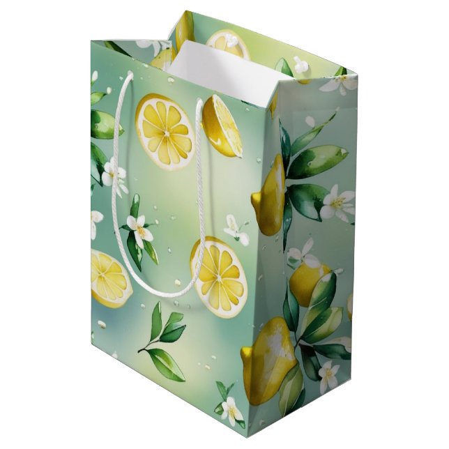 Sac Cadeau Moyen Mariage moderne citron bleu floral script (Dos Angle)