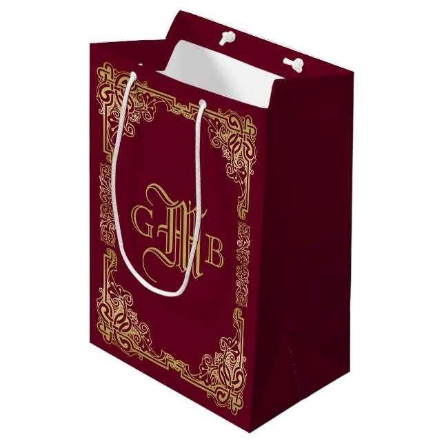 Sac Cadeau Moyen Mariage Monogramme Classic Gold Frame Bourgogne (Devant Angle)