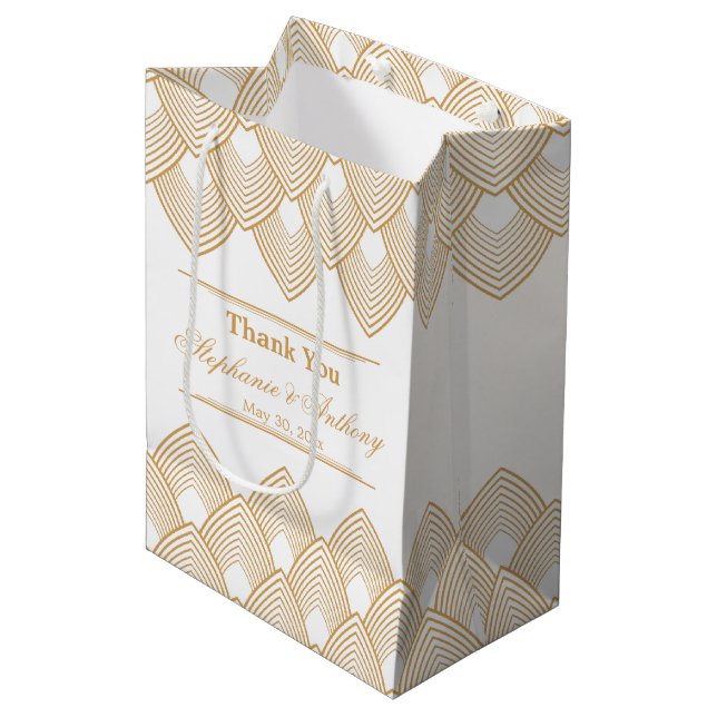 Sac Cadeau Moyen Mariage Motif Gold et White Art Déco (Devant Angle)