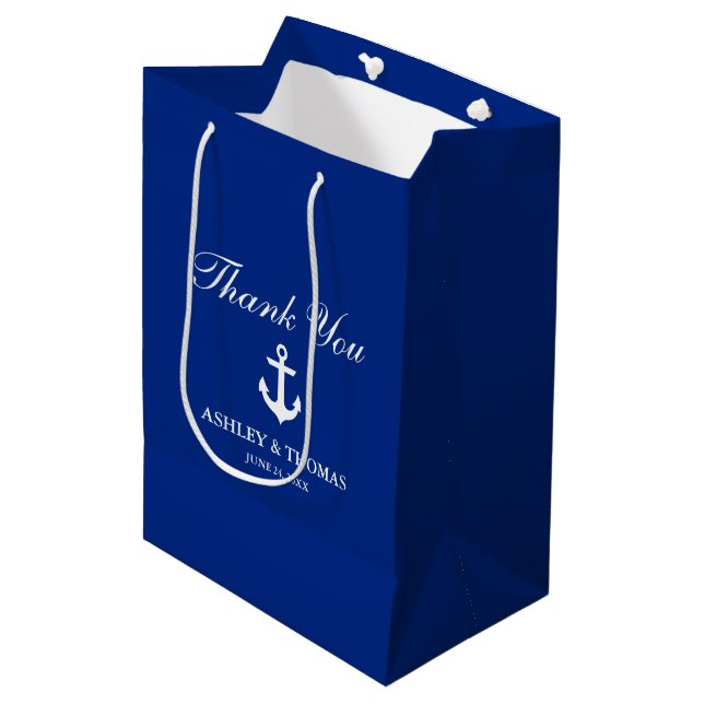 Sac Cadeau Moyen Mariage nautique Ancre bleu (Devant Angle)