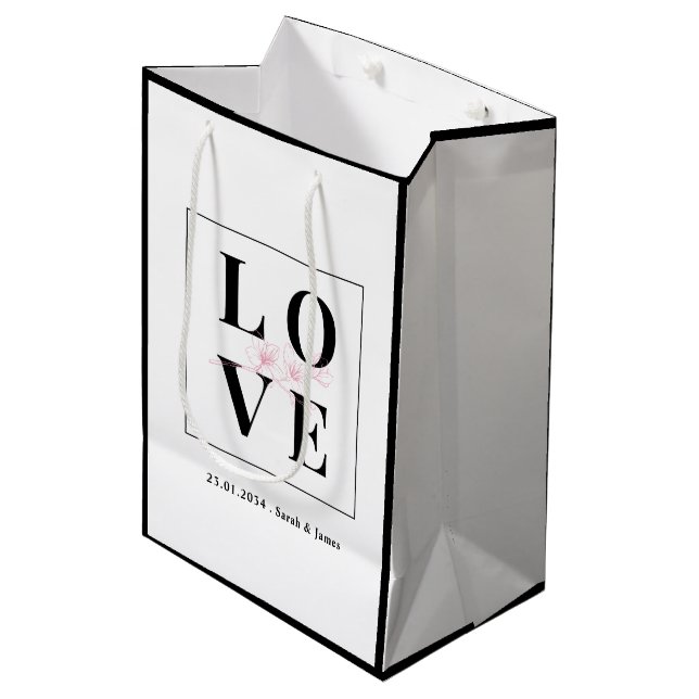 Sac Cadeau Moyen Mariage Personnalisé/Valentin Noir Et Blanc (Devant Angle)