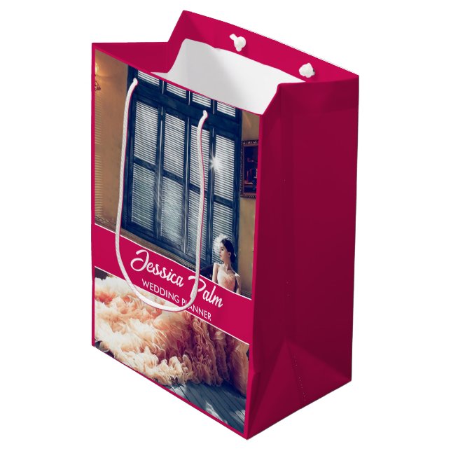 Sac Cadeau Moyen Mariage photo personnalisée rose (Devant Angle)