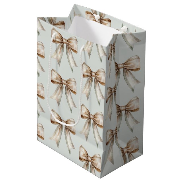 Sac Cadeau Moyen Mariage Ruban Vert Blanc Or Romantique Rustique (Devant Angle)