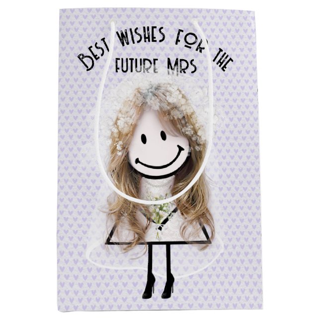 Sac Cadeau Moyen Mariée Figurine Bâton Sur Cœurs De Lavande  (Devant)