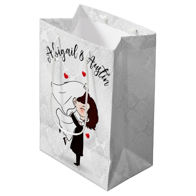 Sac Cadeau Moyen Mariés sur Damas Satiné (Devant Angle)