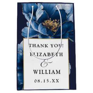 Sac Cadeau Moyen Marine Bleu Et Or Floral Mariage moderne Merci