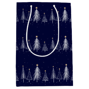 Sac Cadeau Moyen Marine Bleu hiver Pine Arbres de Noël étoile