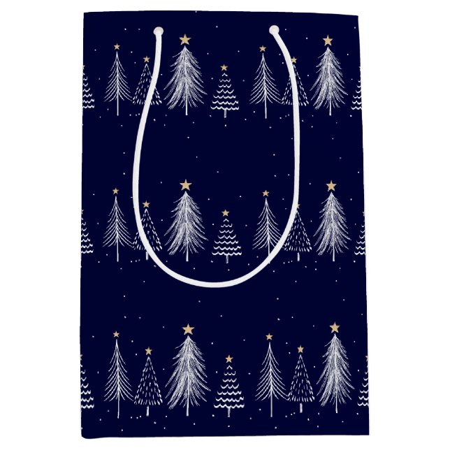 Sac Cadeau Moyen Marine Bleu hiver Pine Arbres de Noël étoile (Devant)