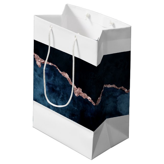 Sac Cadeau Moyen Marine Bleu Rose Or Agate Marbre Aquarelle (Dos Angle)