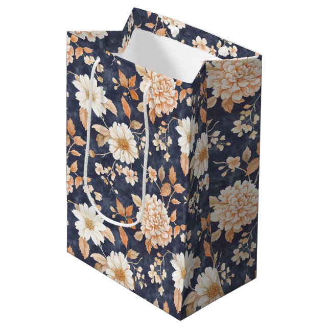 Sac Cadeau Moyen Marine Blue Cream Peach Floral Anniversaire (Devant Angle)