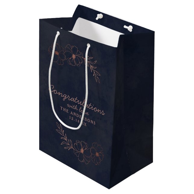 Sac Cadeau Moyen Marine Blue & Rose Gold Chic Félicitations Mariage (Devant Angle)