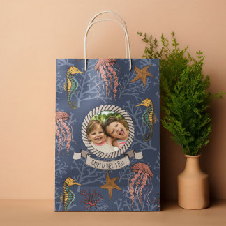 Sac Cadeau Moyen Marine Blue Seahorse Serenade Photo et texte perso