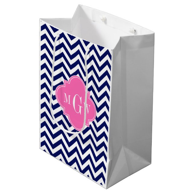 Sac Cadeau Moyen Marine Lg Chevron Hot Pink #2 Quatrefoil 3 Monogra (Devant Angle)