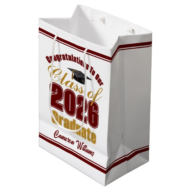 Sac Cadeau Moyen Maroon Gold Class of 2026 Graduation Party (Devant Angle)