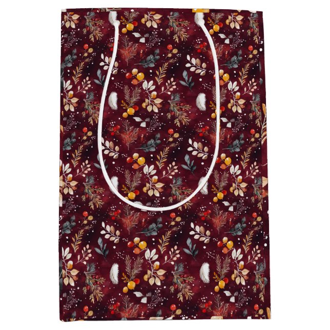 SAC CADEAU MOYEN MAROON NOËL DÉCORATION FESTIVE PLUTÔT FLORALE (Devant)