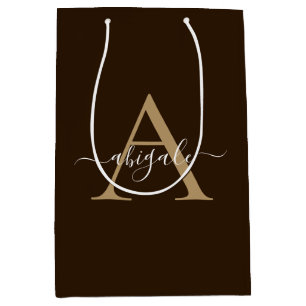 Sac Cadeau Moyen Marron Chocolat Monogrammé Or Élégance Minimalis