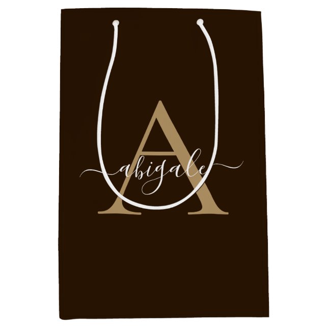 Sac Cadeau Moyen Marron Chocolat Monogrammé Or | Élégance Minimalis (Devant)