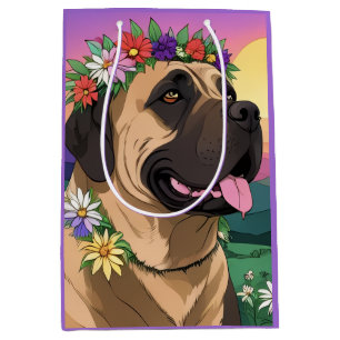 Sac Cadeau Moyen Mastiff dogue anglais avec couronne de fleurs fête