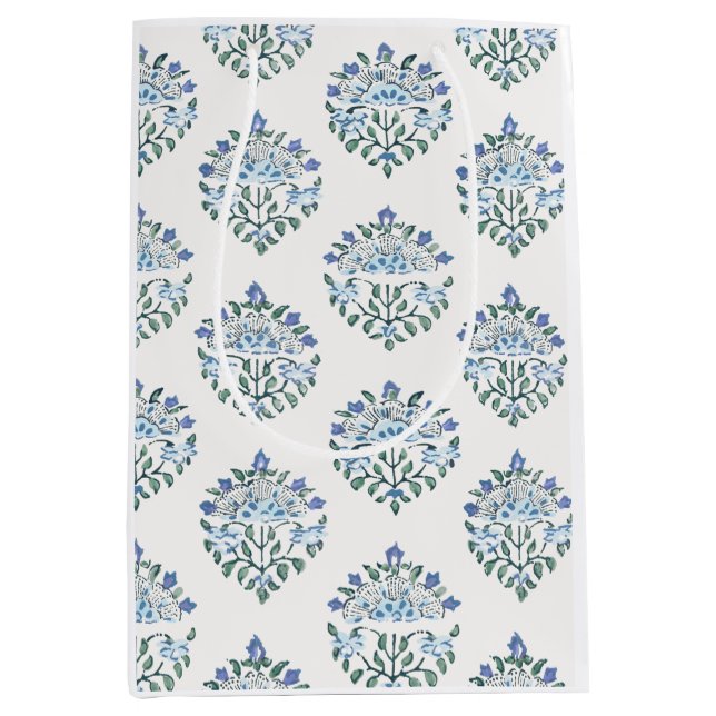 Sac Cadeau Moyen Médaillon d'impression sur bloc indien, bleu-vert (Devant)