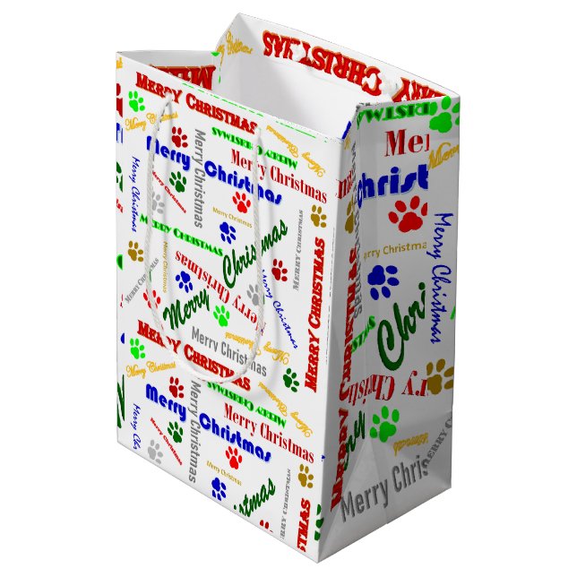 Sac Cadeau Moyen Medium Glossy Christmas Gift Bag w/Dog Paws (Dos Angle)