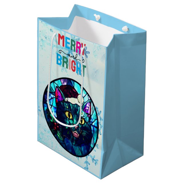 Sac Cadeau Moyen Meowing Stained-Glass Christmas Black Cat (Devant Angle)
