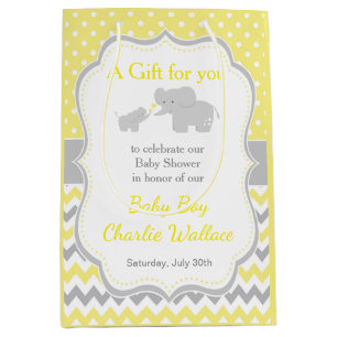 Sac Cadeau Moyen Merci de Baby shower jaune et gris éléphant