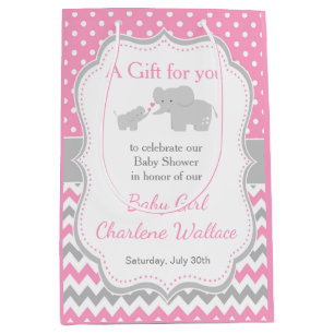 Sac Cadeau Moyen Merci de Baby shower rose et gris éléphant