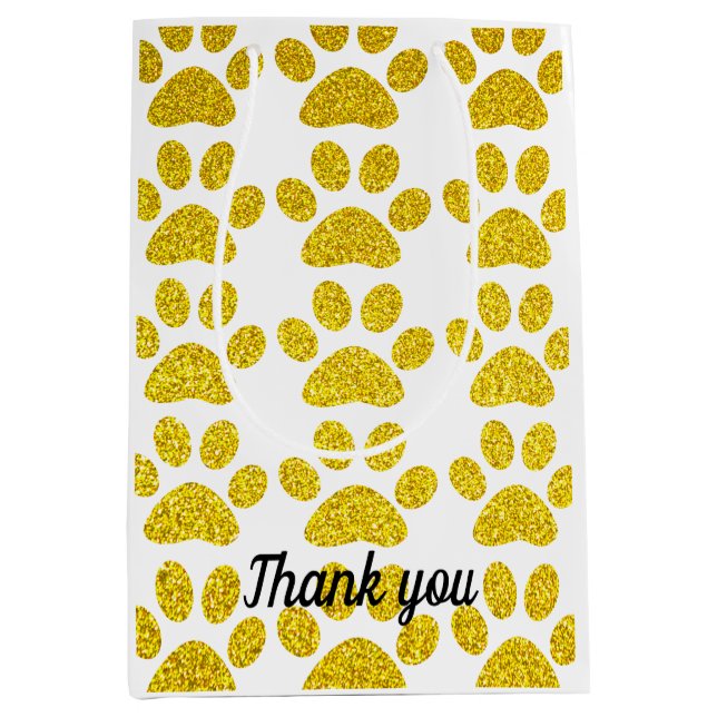 Sac Cadeau Moyen Merci Empreintes De Patte Pailletées Dorées Mariag (Devant)