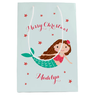 Sac Cadeau Moyen Mermaid Christmas Red Aqua Personnalisé