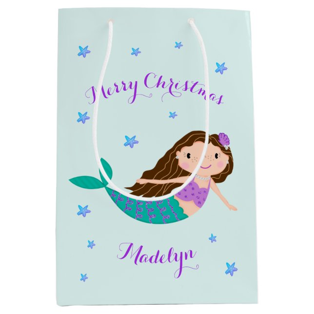 Sac Cadeau Moyen Mermaid Joyeux Noël Personnalisé (Devant)