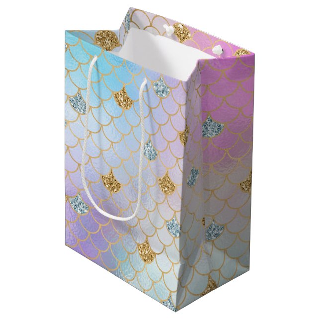 Sac Cadeau Moyen Mermaid Parties scintillant d'or rose violet      (Devant Angle)