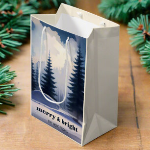 Sac Cadeau Moyen Merry & Bright l Blue Watercolor Pine Forest