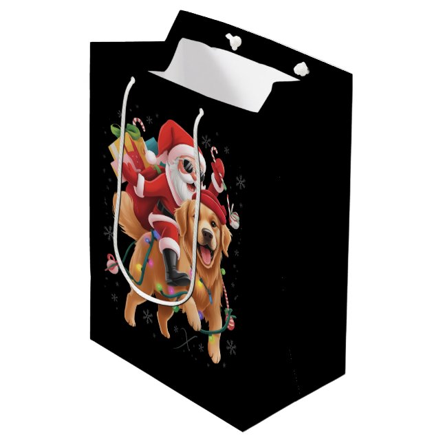 Sac Cadeau Moyen Merry Christmas 2025 Santa Riding Golden Retriever (Devant Angle)
