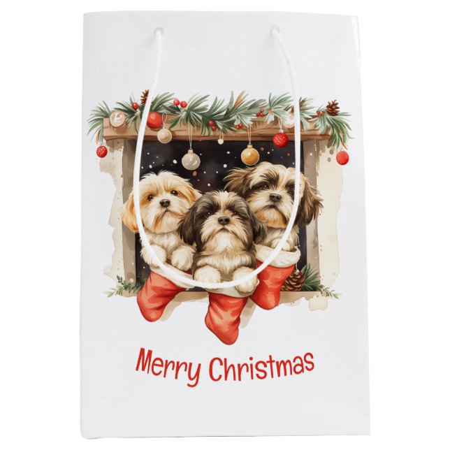Sac Cadeau Moyen Merry Christmas Shih Tzu Dogs (Devant)