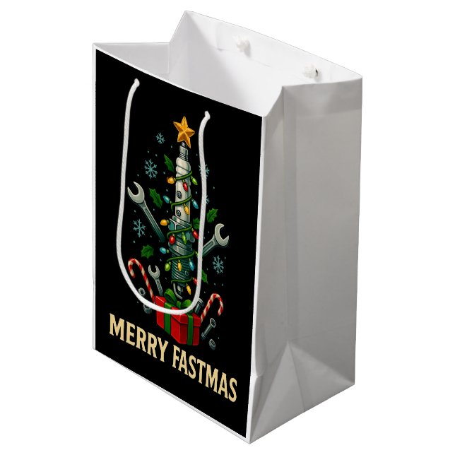 Sac Cadeau Moyen Merry Fastmas Spark Plug Christmas Tree Mechanic  (Devant Angle)