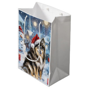 Sac Cadeau Moyen Merveilleux Noël en Laponie avec un Lapphund finno