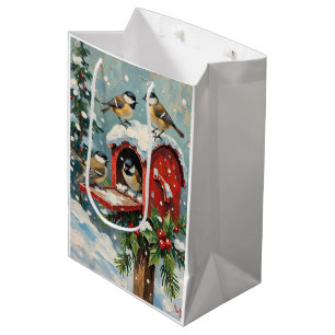 Sac Cadeau Moyen Mésanges vintage sur boîte aux lettres de Noël enn