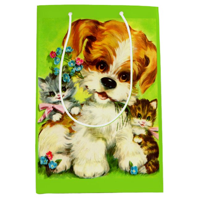 Sac Cadeau Moyen mignon chiot et chatons souriants (Devant)