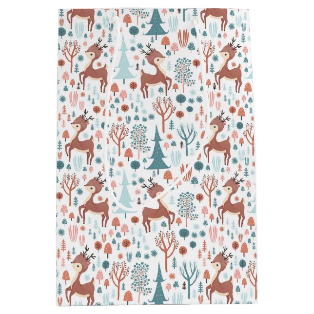Sac Cadeau Moyen Mignonne cerf en Forêt Whimsical Noël Motif (Devant)
