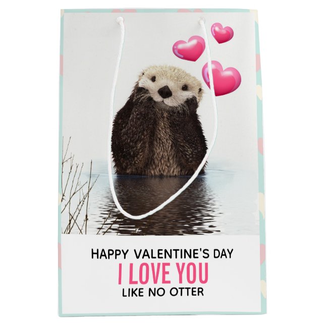 Sac Cadeau Moyen Mignonne Otter avec les coeurs Saint-Valentin Humo (Devant)