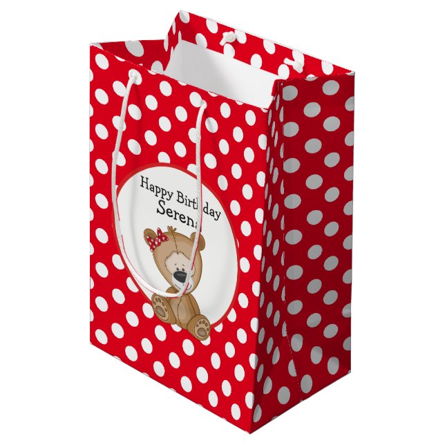 Sac Cadeau Moyen Mignonne Ours en Teddy avec Anniversaire Pois (Devant Angle)