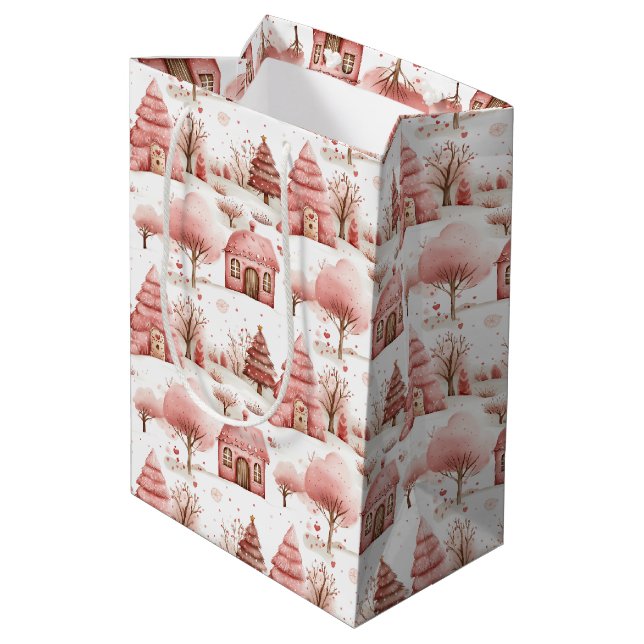 Sac Cadeau Moyen Mignonne Whimsical Pink Winter Wonderland Noël (Dos Angle)