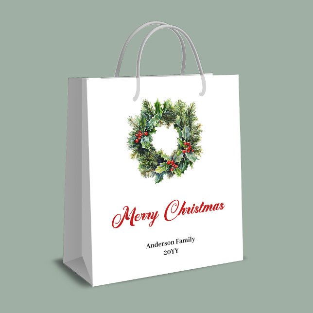 Sac Cadeau Moyen Minimalist Christmas wreath gift bag red green  (Minimalist Christmas wreath gift bag red green gold)