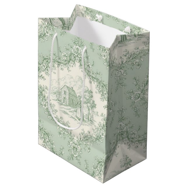 Sac Cadeau Moyen Mint Green French Country Floral Toile - Farmhouse (Devant Angle)