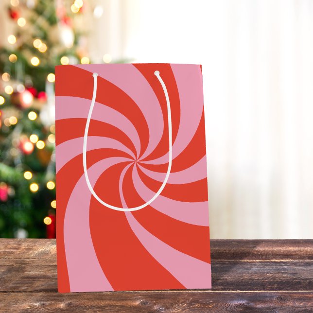 Sac Cadeau Moyen Mod Wavy Super Hippie Rétro Noël rose rouge (Créateur téléchargé)