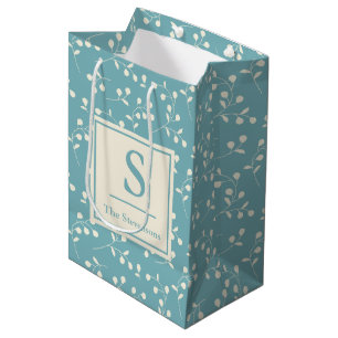 Sac Cadeau Moyen Modèle Floral bleu vintage Monogramme et nom