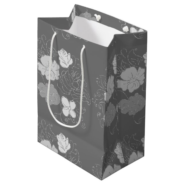 Sac Cadeau Moyen Modèle floral gris et blanc moderne (Devant Angle)