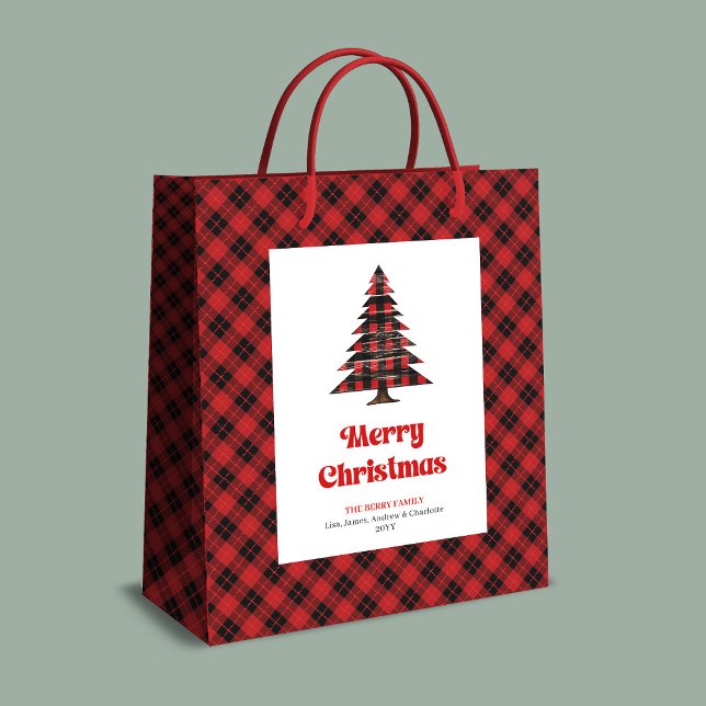 Sac Cadeau Moyen Modern buffalo plaid Christmas bag custom namе (Modern buffalo plaid Christmas bag with custom name)