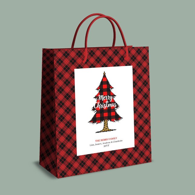 Sac Cadeau Moyen Modern buffalo plaid Christmas gift bag editable (Modern buffalo plaid Christmas gift bag editable)